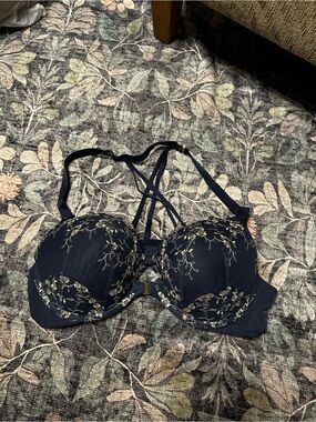 Cacique Navy Bra with Gold Floral Embroidery and Strappy Back
